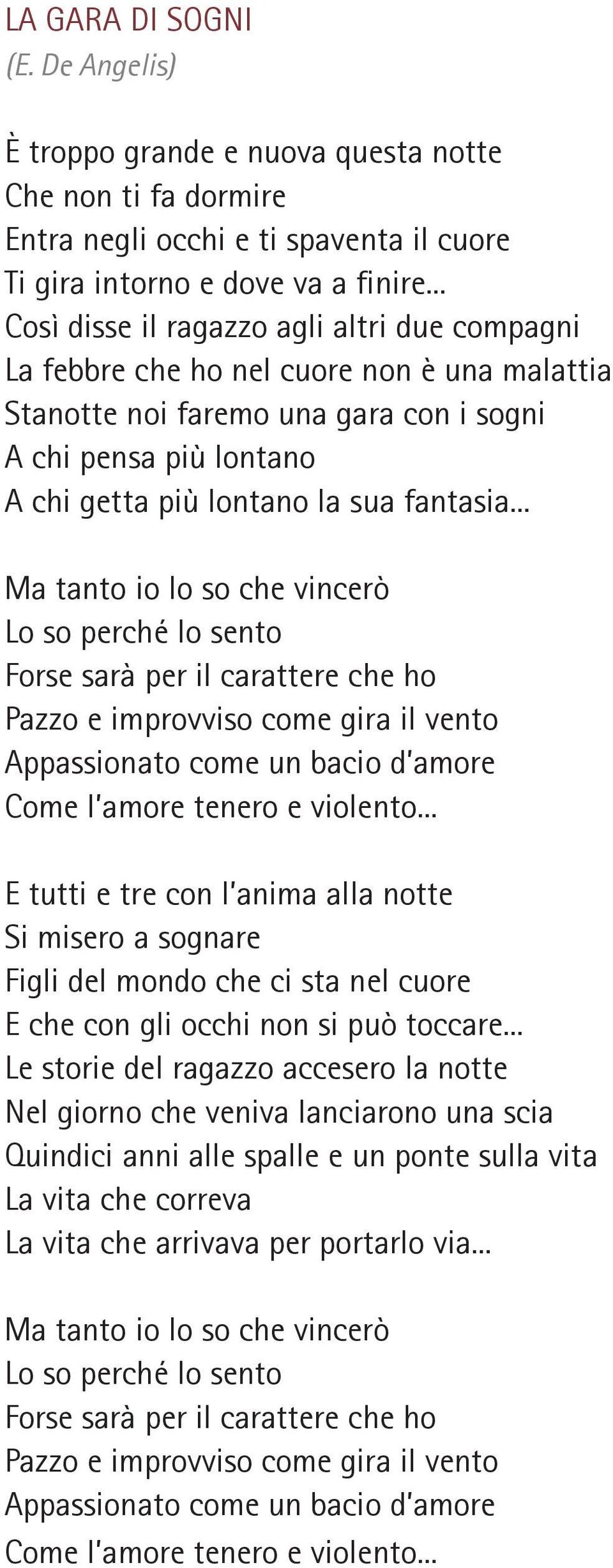 .. Ma tanto io lo so che vincerò Lo so perché lo sento Forse sarà per il carattere che ho Pazzo e improvviso come gira il vento Appassionato come un bacio d amore Come l amore tenero e violento.