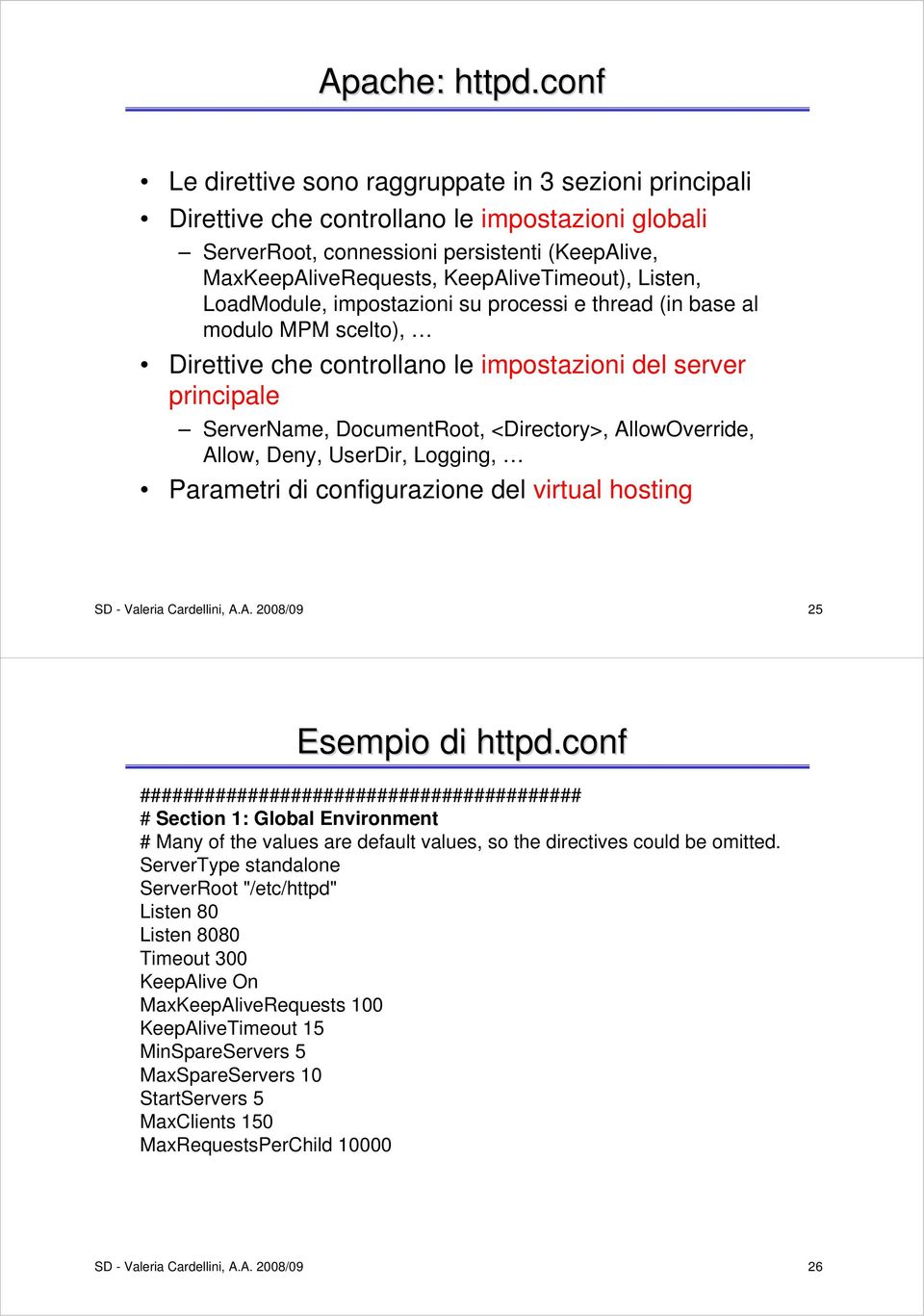 Listen, LoadModule, impostazioni su processi e thread (in base al modulo MPM scelto), Direttive che controllano le impostazioni del server principale ServerName, DocumentRoot, <Directory>,