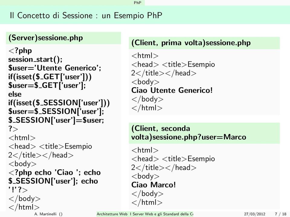 > <html> <head> <title>esempio 2</title></head> <body> <?php echo Ciao ; echo $ SESSION[ user ]; echo!?> </body> </html> (Client, prima volta)sessione.