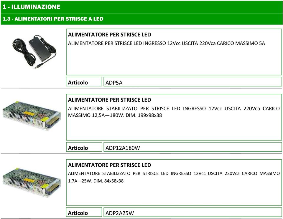 220Vca CARICO MASSIMO 5A ADP5A ALIMENTATORE PER STRISCE LED ALIMENTATORE STABILIZZATO PER STRISCE LED INGRESSO 12Vcc