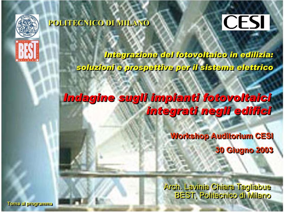 fotovoltaici integrati negli edifici Workshop Auditorium CESI 30 Giugno