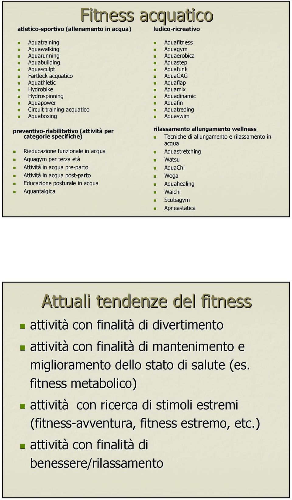 riabilitativo (attività per categorie specifiche) Rieducazione funzionale in acqua Aquagym per terza età Attività in acqua pre-parto parto Attività in acqua post-parto parto Educazione posturale in