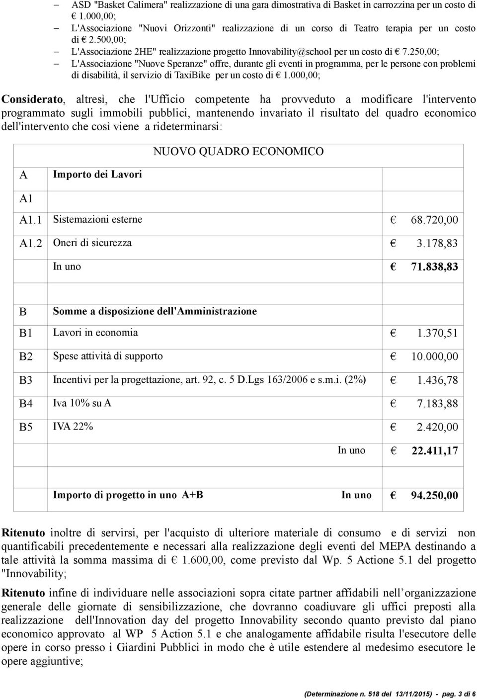 250,00; L'Associazione "Nuove Speranze" offre, durante gli eventi in programma, per le persone con problemi di disabilità, il servizio di TaxiBike per un costo di 1.