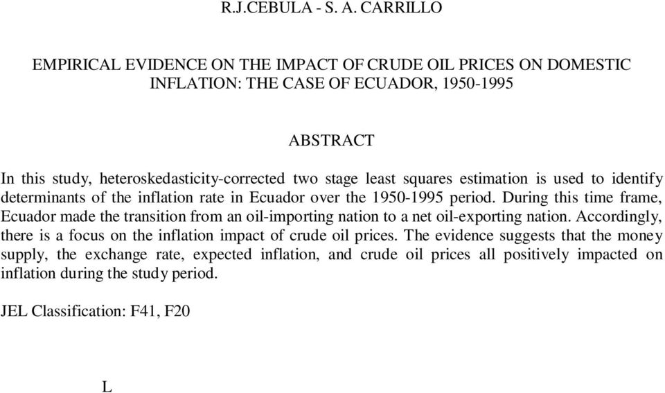 used to identify determinants of the inflation rate in Ecuador over the 1950-1995 period.