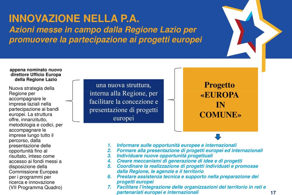 P.A. Azioni messe in campo dalla Regione Lazio per promuovere la partecipazione ai progetti europei appena nominato nuovo direttore Ufficio Europa della Regione Lazio Nuova strategia della Regione