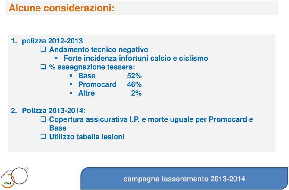 calcio e ciclismo % assegnazione tessere: Base 52% Promocard 46% Altre