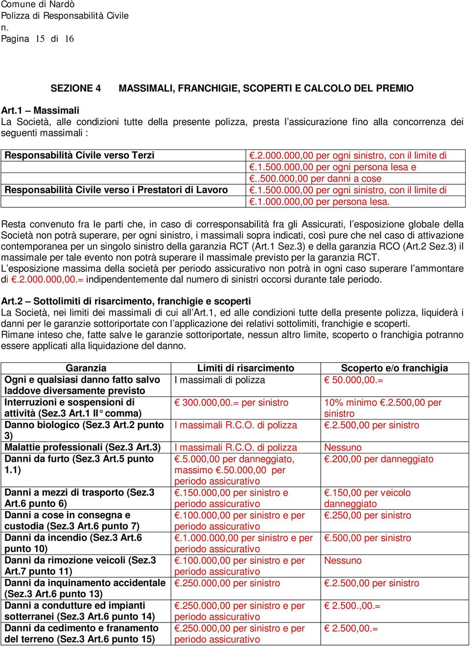 verso i Prestatori di Lavoro.2.000.000,00 per ogni sinistro, con il limite di.1.500.000,00 per ogni persona lesa e..500.000,00 per danni a cose.1.500.000,00 per ogni sinistro, con il limite di.1.000.000,00 per persona lesa.