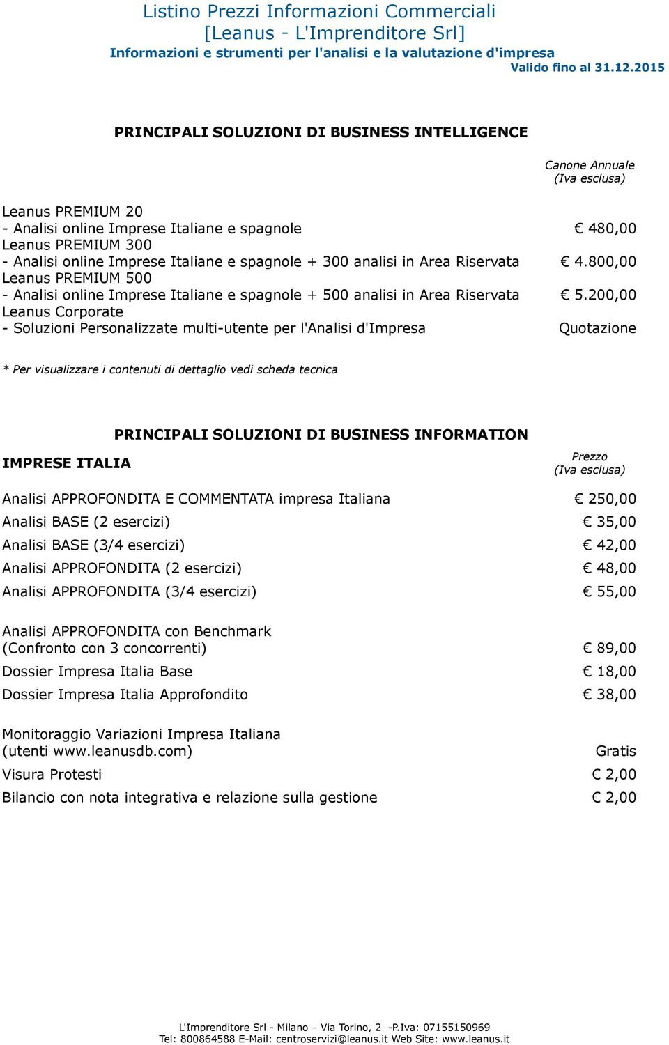 + 300 analisi in Area Riservata 4.800,00 Leanus PREMIUM 500 - Analisi online Imprese Italiane e spagnole + 500 analisi in Area Riservata 5.