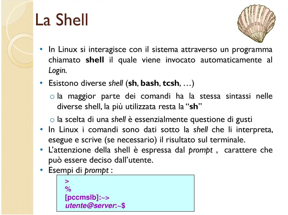 scelta di unashell è essenzialmente questione di gusti In Linux i comandi sono dati sotto lashell che li interpreta, esegue e scrive (se necessario) il