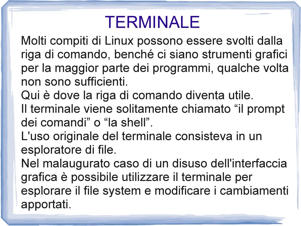 Il terminale viene solitamente chiamato il prompt dei comandi o la shell.