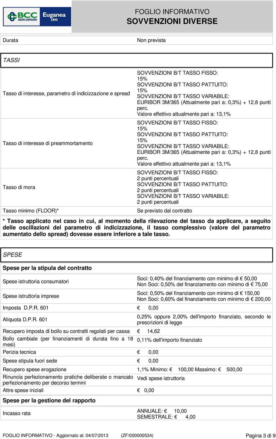 Valore effettivo attualmente pari a: 13,1% 2 punti percentuali 2 punti percentuali 2 punti percentuali Se previsto dal contratto * Tasso applicato nel caso in cui, al momento della rilevazione del