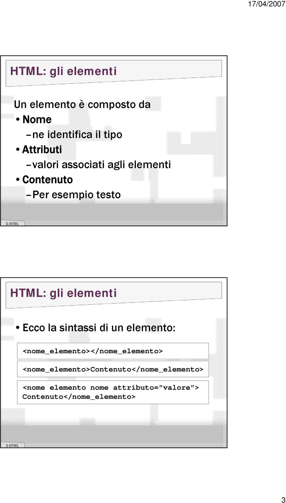 la sintassi di un elemento: <nome_elemento></nome_elemento>