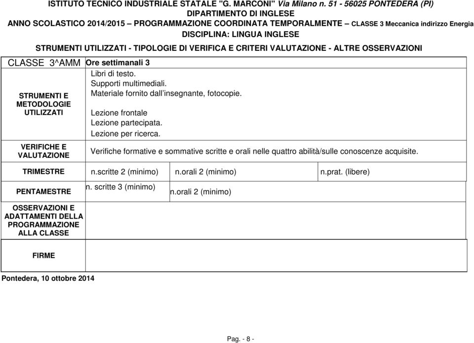 Verifiche formative e sommative scritte e orali nelle quattro abilità/sulle conoscenze acquisite. TRIESTRE n.scritte 2 (minimo) n.orali 2 (minimo) n.prat.