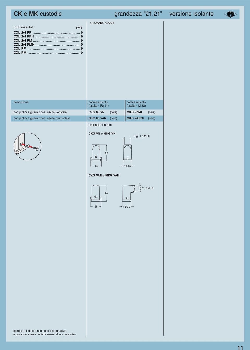 ..9 custodie mobili descrizione codice codice (uscita - Pg 11) (uscita - M 20) con piolini e guarnizione, uscita verticale CKG 03 VN (nera) MKG