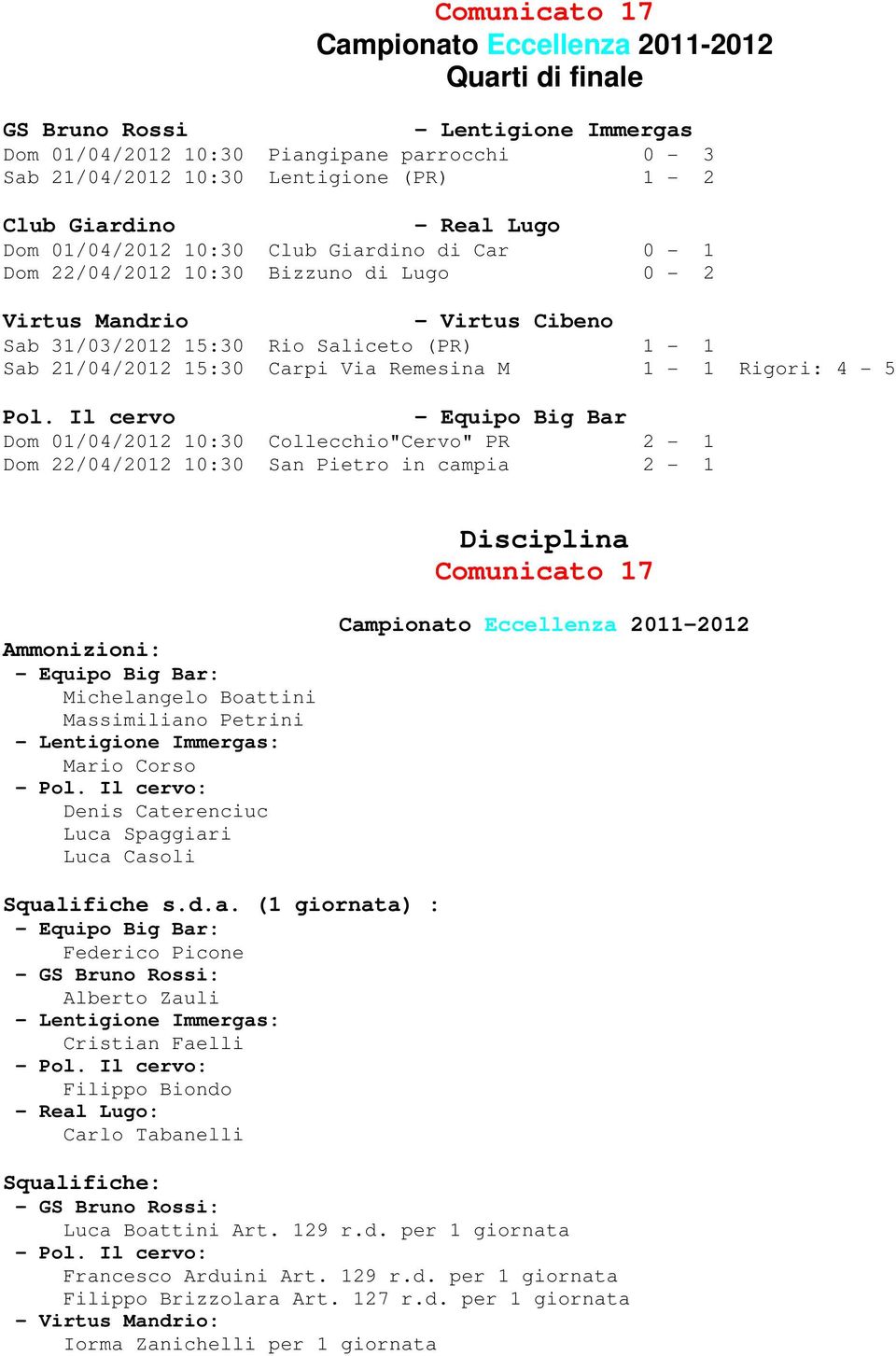 15:30 Carpi Via Remesina M 1-1 Rigori: 4-5 Pol.