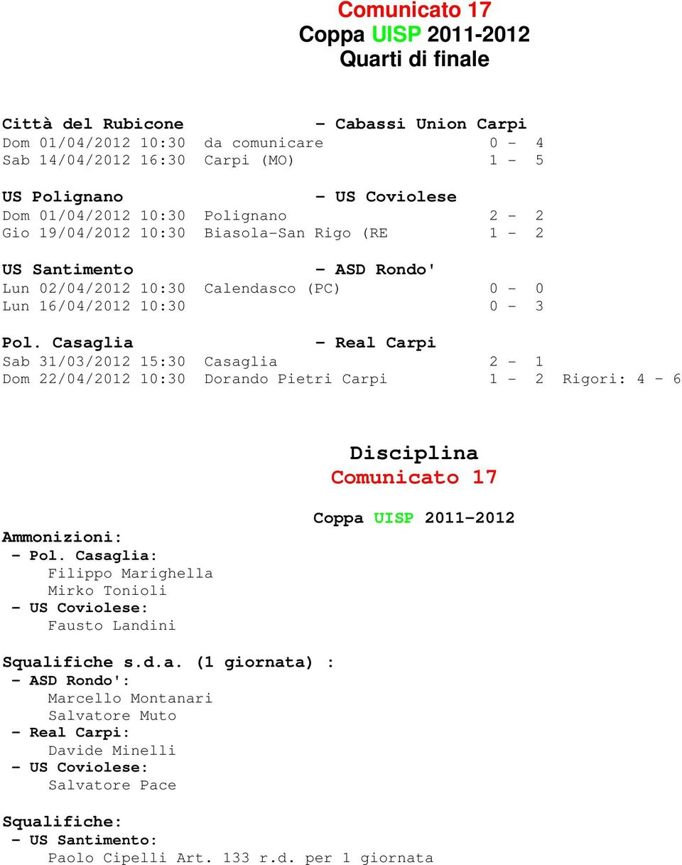 Casaglia - Real Carpi Sab 31/03/2012 15:30 Casaglia 2-1 Dom 22/04/2012 10:30 Dorando Pietri Carpi 1-2 Rigori: 4 6 Disciplina Comunicato 17 Ammonizioni: - Pol.