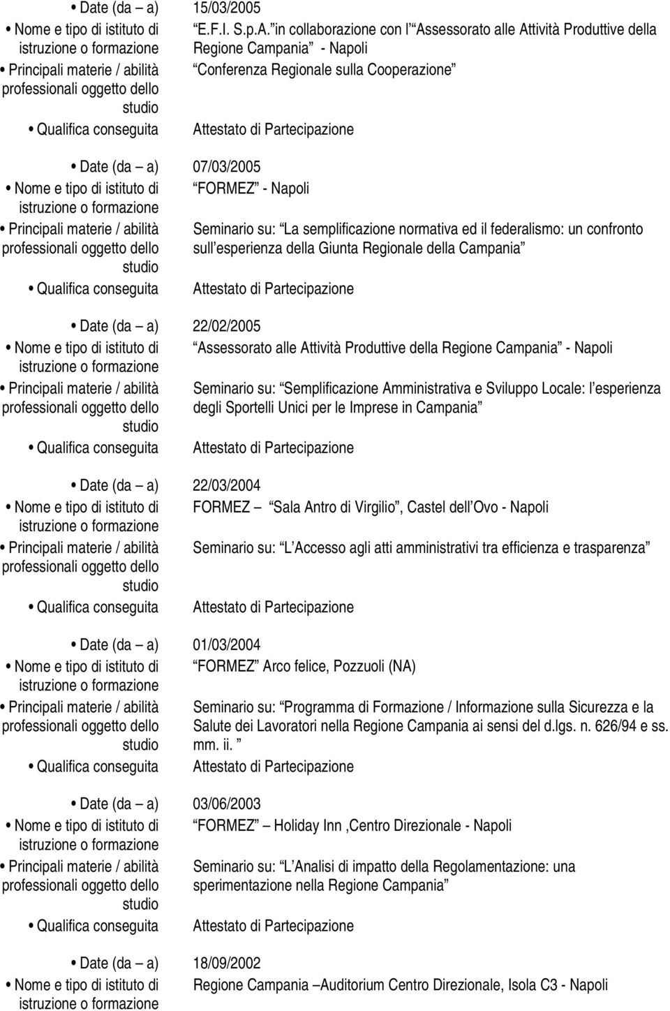 istituto di FORMEZ - Napoli Principali materie / abilità Seminario su: La semplificazione normativa ed il federalismo: un confronto sull esperienza della Giunta Regionale della Campania Date (da a)