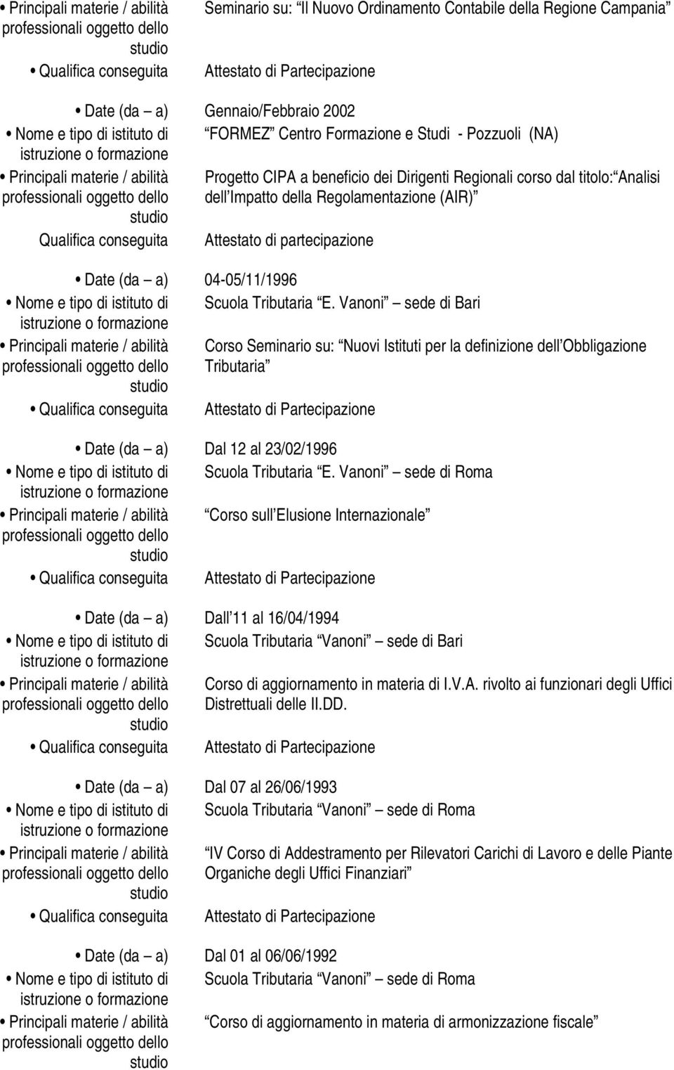 Regolamentazione (AIR) Qualifica conseguita Attestato di partecipazione Date (da a) 04-05/11/1996 Nome e tipo di istituto di Scuola Tributaria E.