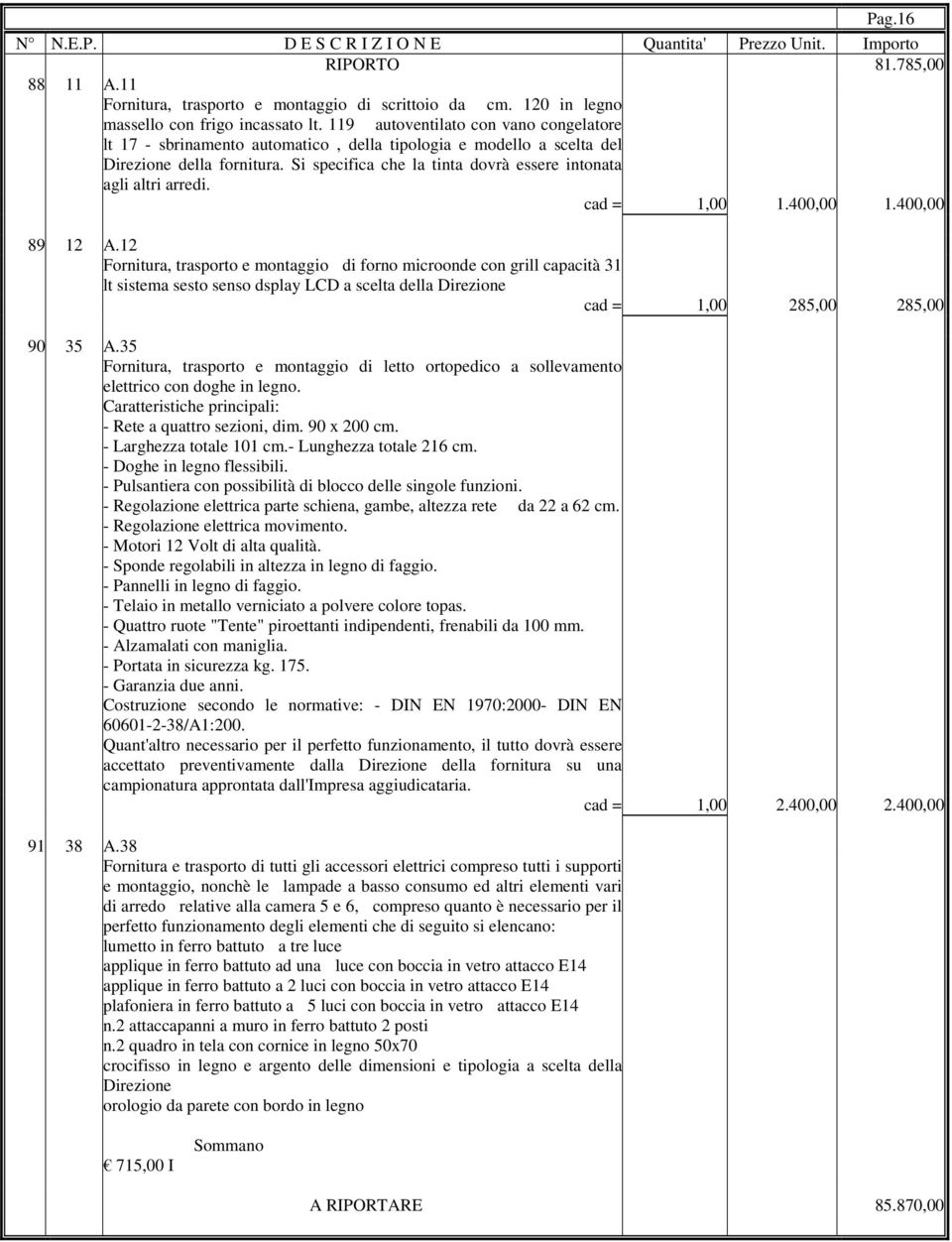 Si specifica che la tinta dovrà essere intonata agli altri arredi. cad = 1,00 1.400,00 1.400,00 89 12 A.