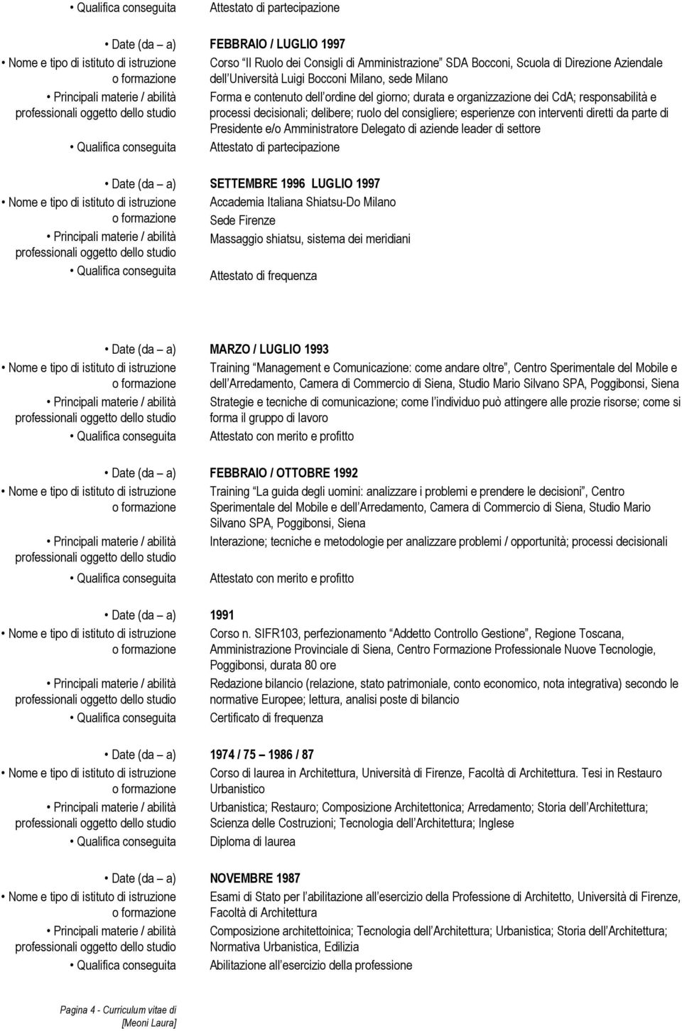 interventi diretti da parte di Presidente e/o Amministratore Delegato di aziende leader di settore Date (da a) Qualifica conseguita SETTEMBRE 1996 LUGLIO 1997 Accademia Italiana Shiatsu-Do Milano