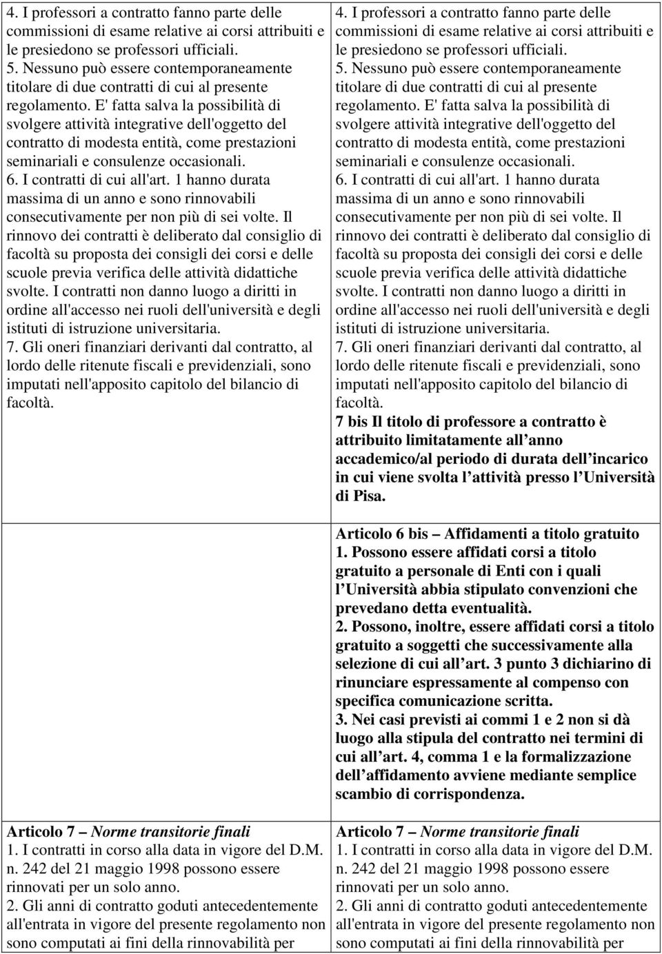 E' fatta salva la possibilità di svolgere attività integrative dell'oggetto del contratto di modesta entità, come prestazioni seminariali e consulenze occasionali. 6. I contratti di cui all'art.