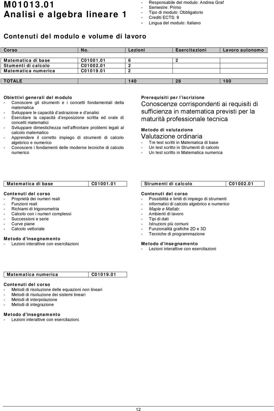 01 2 TOTALE 140 28 100 - Conoscere gli strumenti e i concetti fondamentali della matematica - Sviluppare le capacità d astrazione e d analisi - Esercitare la capacità d esposizione scritta ed orale