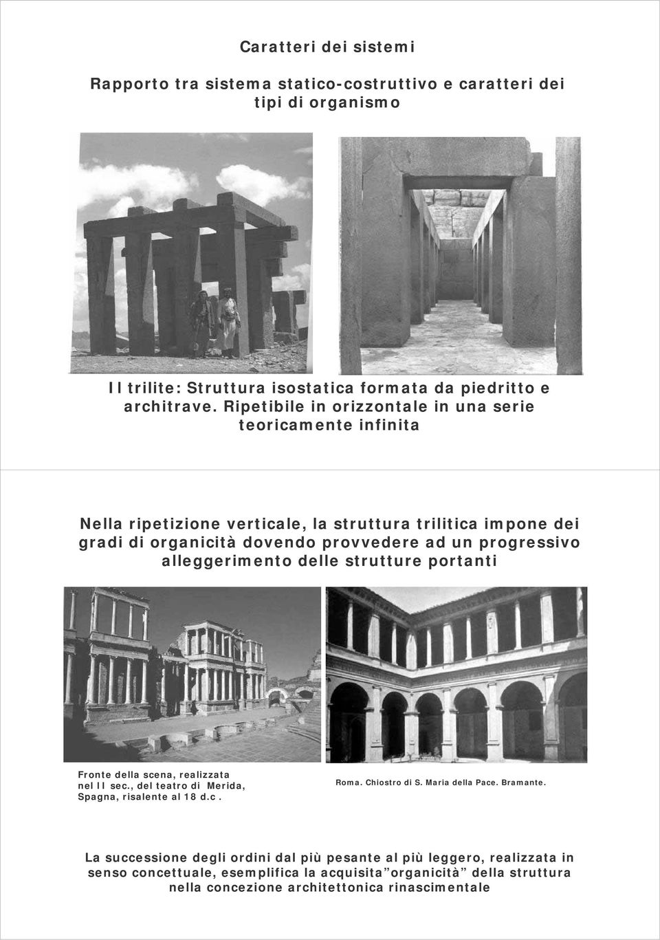 alleggerimento delle strutture portanti Fronte della scena, realizzata nel II sec., del teatro di Merida, Spagna, risalente al 18 d.c. Roma. Chiostro di S. Maria della Pace.