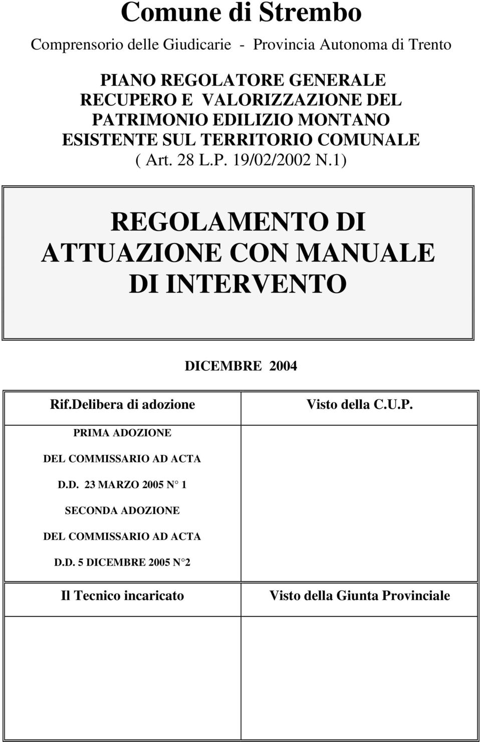 1) REGOLAMENTO DI ATTUAZIONE CON MANUALE DI INTERVENTO DICEMBRE 2004 Rif.Delibera di adozione Visto della C.U.P.