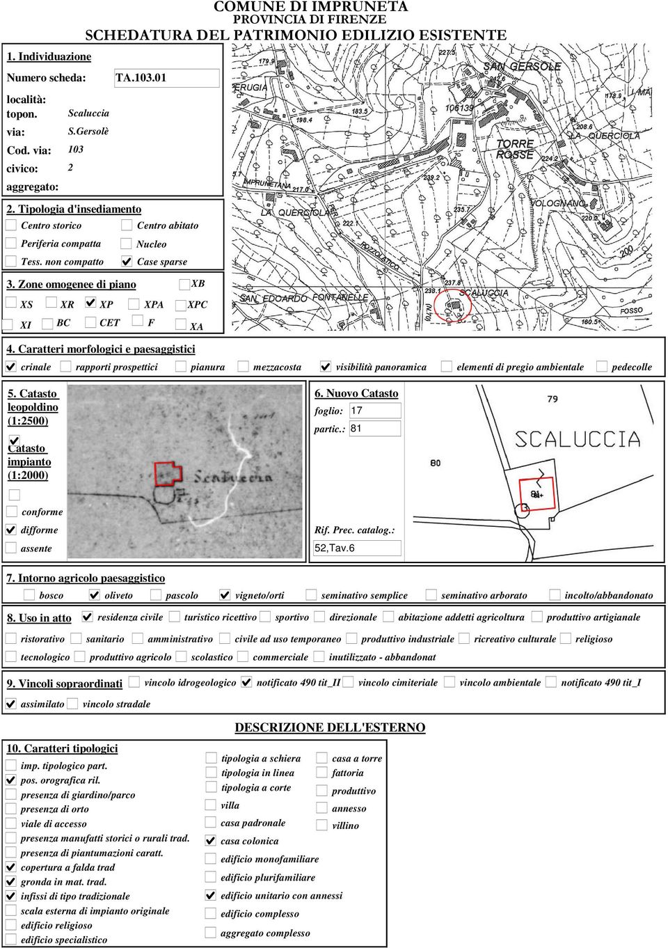 Caratteri morfologici e paesaggistici crinale rapporti prospettici pianura mezzacosta visibilità panoramica elementi di pregio ambientale pedecolle 5. Catasto leopoldino (1:2500) 6.