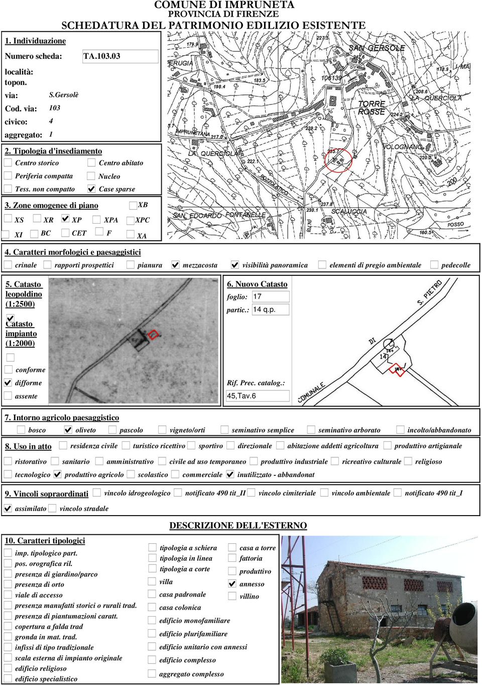 Caratteri morfologici e paesaggistici crinale rapporti prospettici pianura mezzacosta visibilità panoramica elementi di pregio ambientale pedecolle 5. Catasto leopoldino (1:2500) 6.