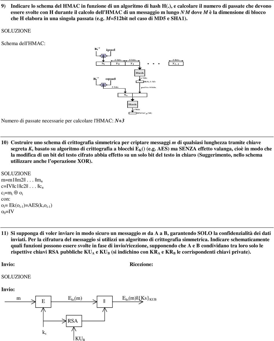 Schema dell'hmac: Numero di passate necessarie per calcolare l'hmac: N+3 10) Costruire uno schema di crittografia simmetrica per criptare messaggi m di qualsiasi lunghezza tramite chiave segreta K,