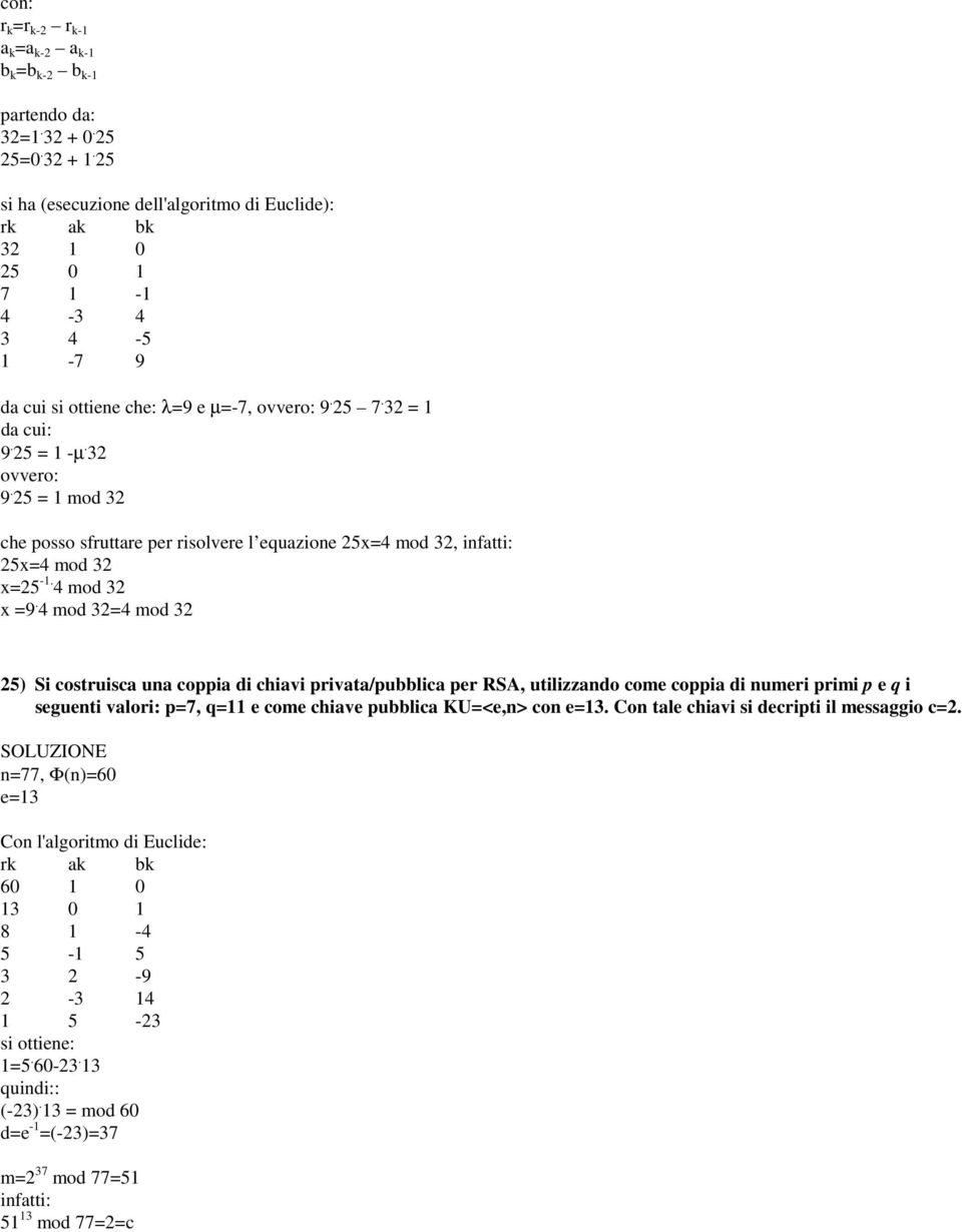 25 = 1 mod 32 che posso sfruttare per risolvere l equazione 25x=4 mod 32, infatti: 25x=4 mod 32 x=25-1. 4 mod 32 x =9.