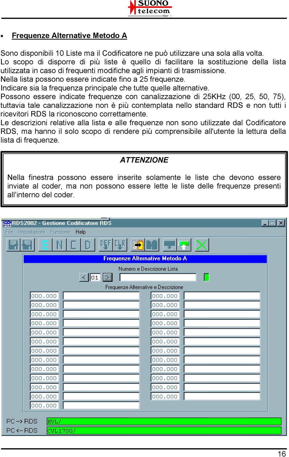 Nella lista possono essere indicate fino a 25 frequenze. Indicare sia la frequenza principale che tutte quelle alternative.