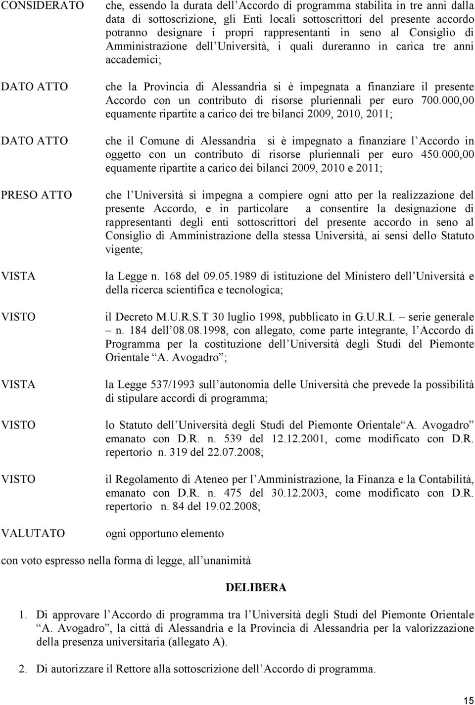 Provincia di Alessandria si è impegnata a finanziare il presente Accordo con un contributo di risorse pluriennali per euro 700.