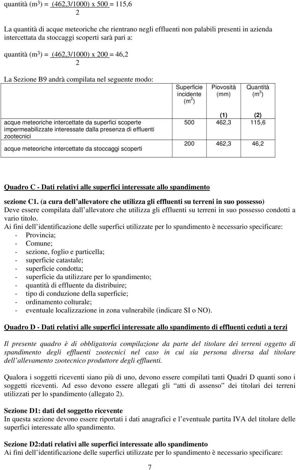 impermeabilizzate interessate dalla presenza di effluenti zootecnici acque meteoriche intercettate da stoccaggi scoperti (1) (2) 500 462,3 115,6 200 462,3 46,2 Quadro C - Dati relativi alle superfici