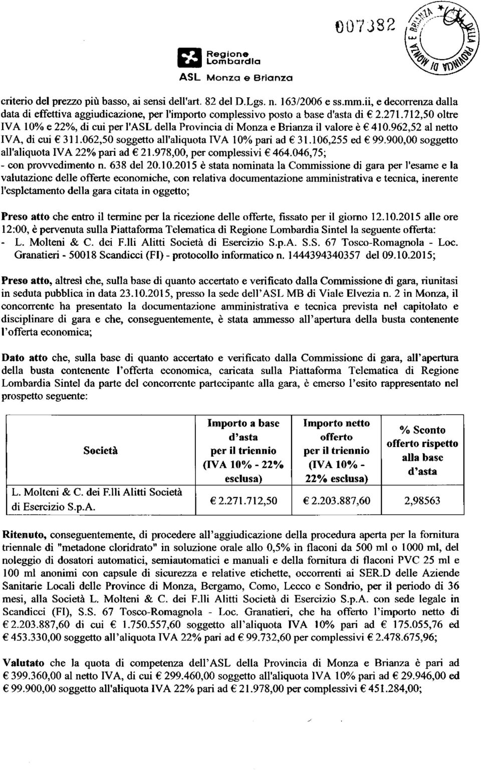 712,50 oltre IVA 10% e 22%, di cui per l'asl della Provincia di Monza e Brianza il valore è 410.962,52 al netto IVA, di cui 311.062,50 soggetto all'aliquota IVA 10% pari ad 31.106,255 ed 99.