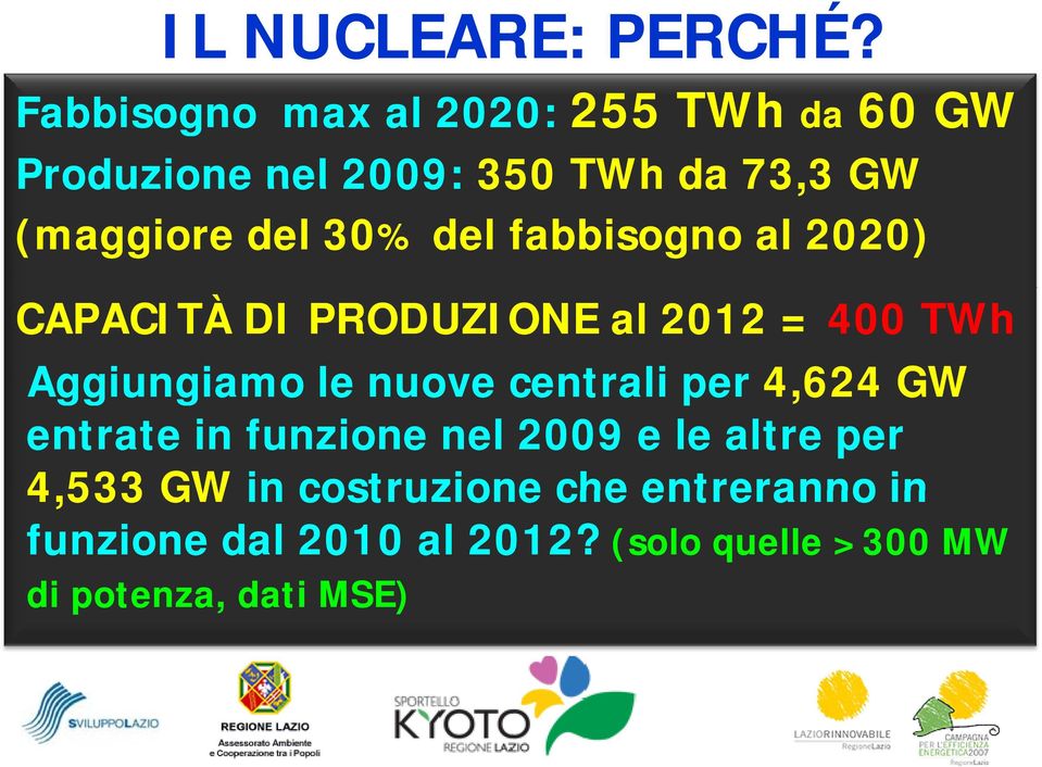 30% del fabbisogno al 2020) CAPACITÀ DI PRODUZIONE al 2012 = 400 TWh Aggiungiamo le nuove