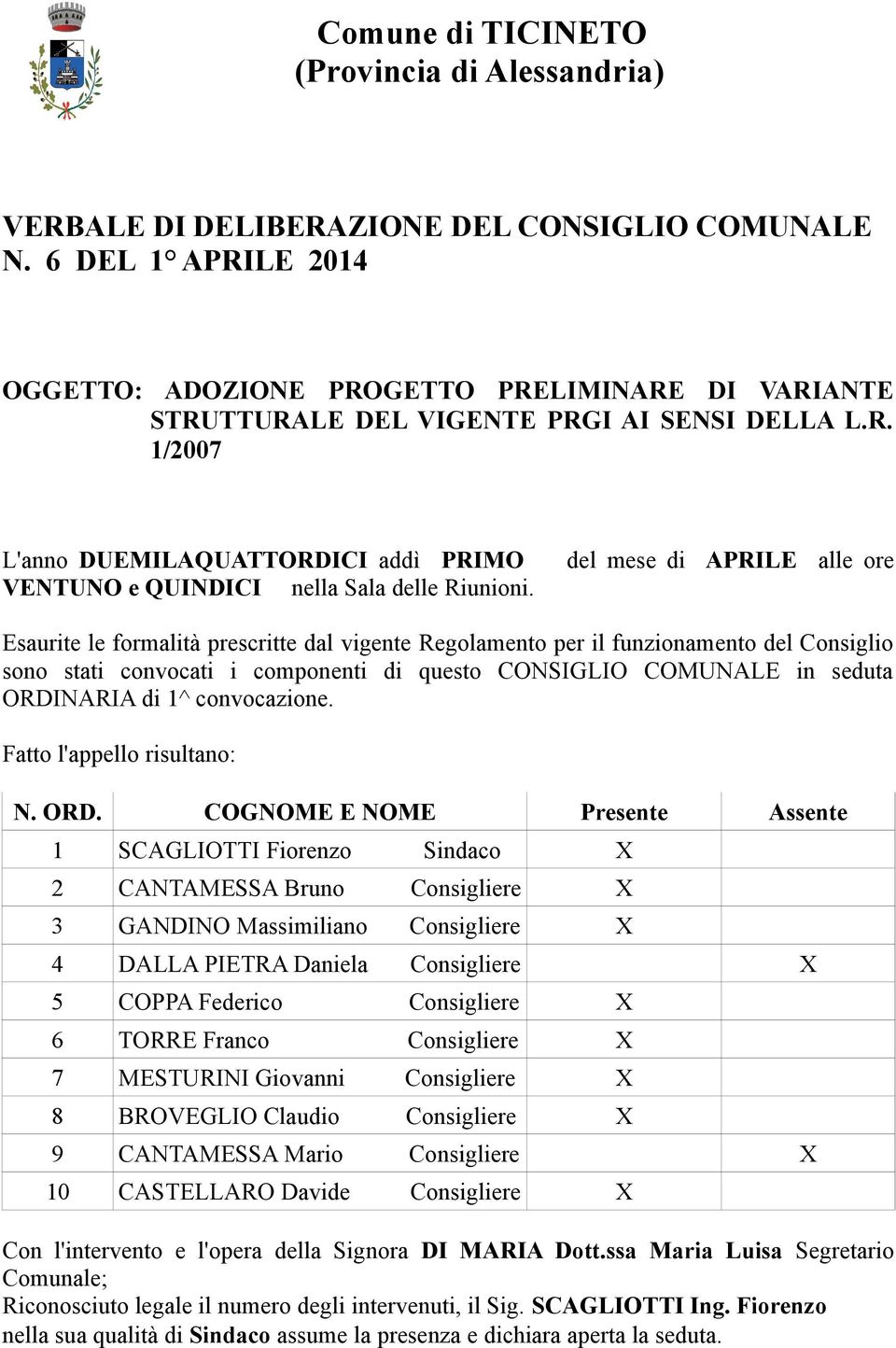 del mese di APRILE alle ore Esaurite le formalità prescritte dal vigente Regolamento per il funzionamento del Consiglio sono stati convocati i componenti di questo CONSIGLIO COMUNALE in seduta