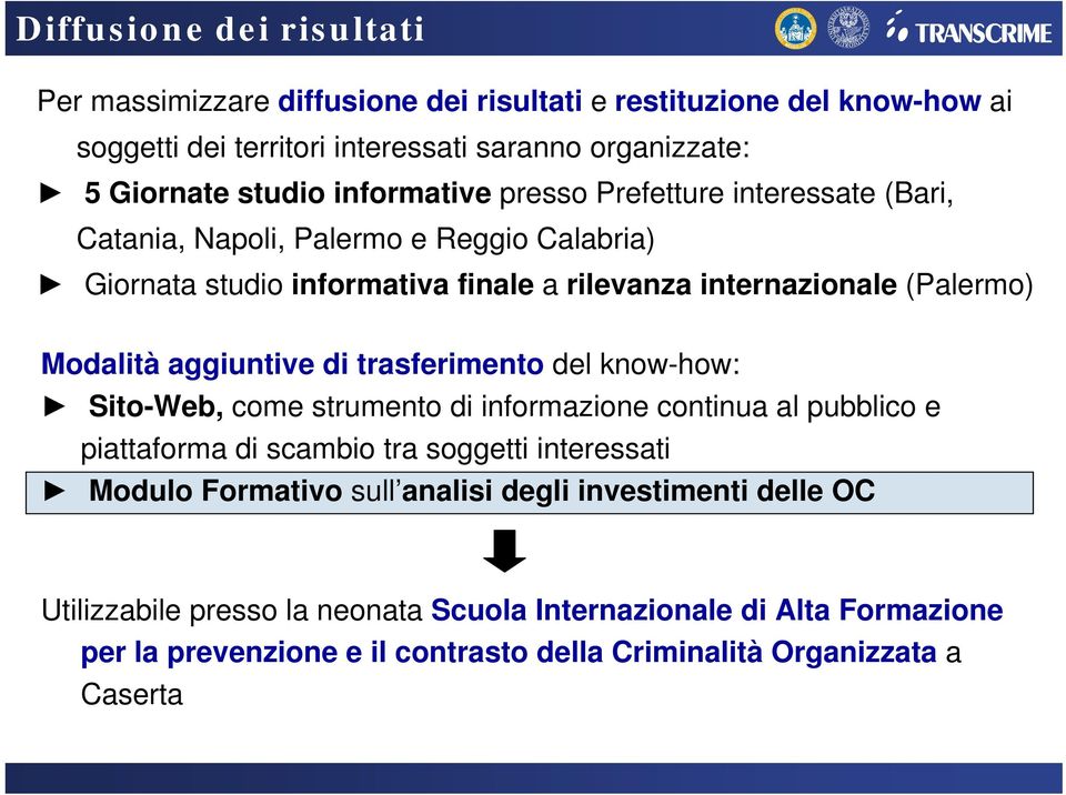 aggiuntive di trasferimento del know-how: Sito-Web, come strumento di informazione continua al pubblico e piattaforma di scambio tra soggetti interessati Modulo Formativo sull