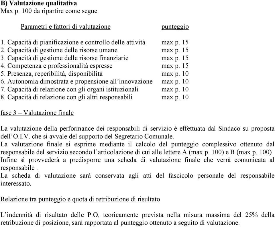 Presenza, reperibilità, disponibilità max p. 10 6. Autonomia dimostrata e propensione all innovazione max p. 10 7. Capacità di relazione con gli organi istituzionali max p. 10 8.