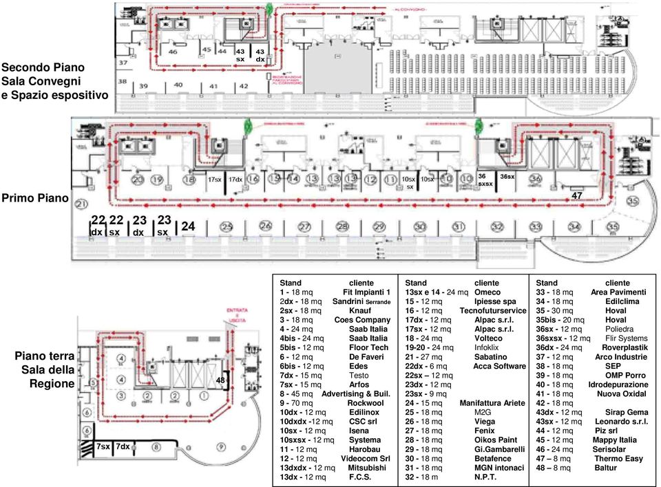 9-70 mq Rockwool 10dx - 12 mq Edilinox 10dxdx -12 mq CSC srl 10sx - 12 mq Isena 10sxsx - 12 mq Systema 11-12 mq Harobau 12-12 mq Videocom Srl 13dxdx - 12 mq Mitsubishi 13dx - 12 mq F.C.S. Stand cliente 13sx e 14-24 mq Omeco 15-12 mq Ipiesse spa 16-12 mq Tecnofuturservice 17dx - 12 mq Alpac s.