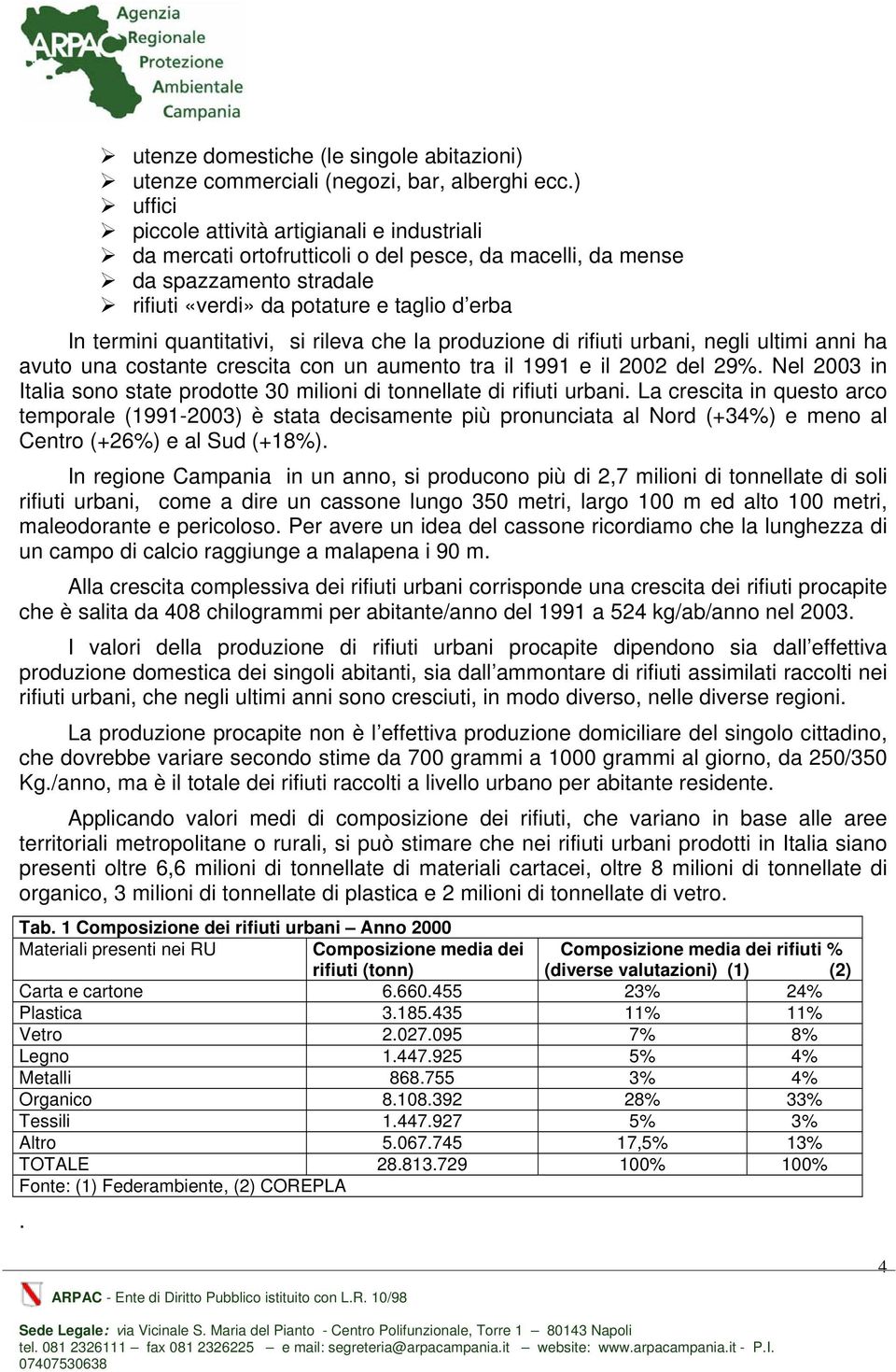 quantitativi, si rileva che la produzione di rifiuti urbani, negli ultimi anni ha avuto una costante crescita con un aumento tra il 1991 e il 2002 del 29%.