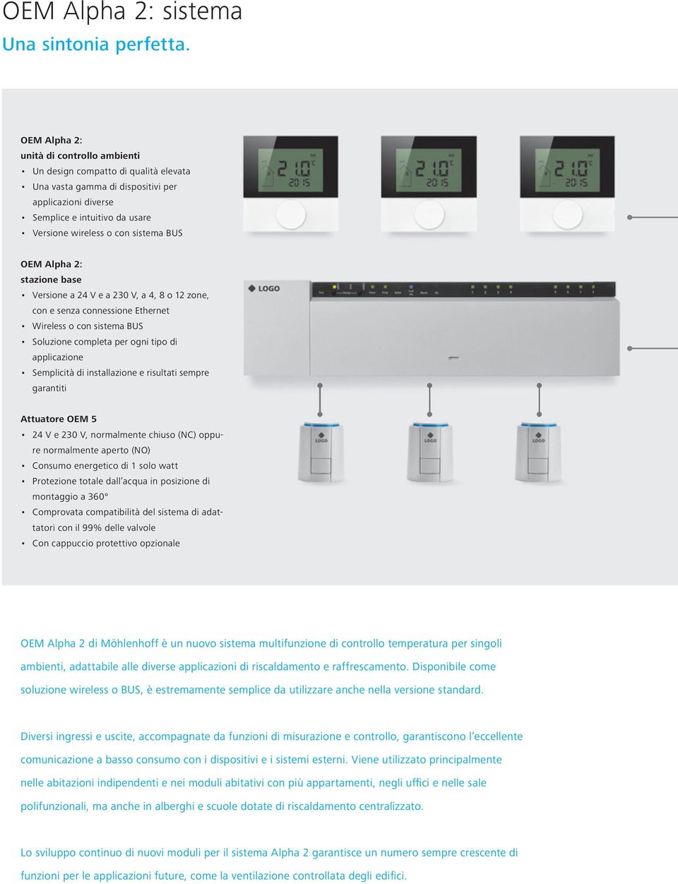 BUS OEM Alpha 2: stazione base Versione a 24 V e a 230 V, a 4, 8 o 12 zone, con e senza connessione Ethernet Wireless o con sistema BUS Soluzione completa per ogni tipo di applicazione Semplicità di