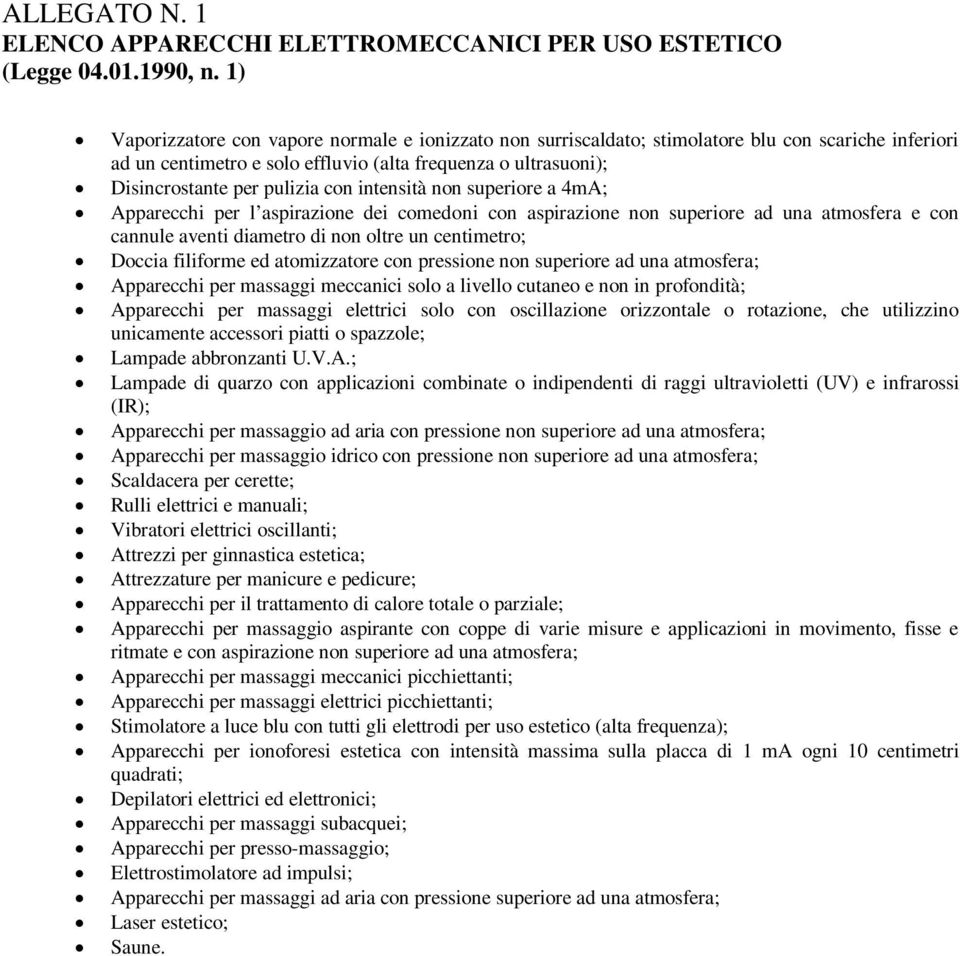 con intensità non superiore a 4mA; Apparecchi per l aspirazione dei comedoni con aspirazione non superiore ad una atmosfera e con cannule aventi diametro di non oltre un centimetro; Doccia filiforme