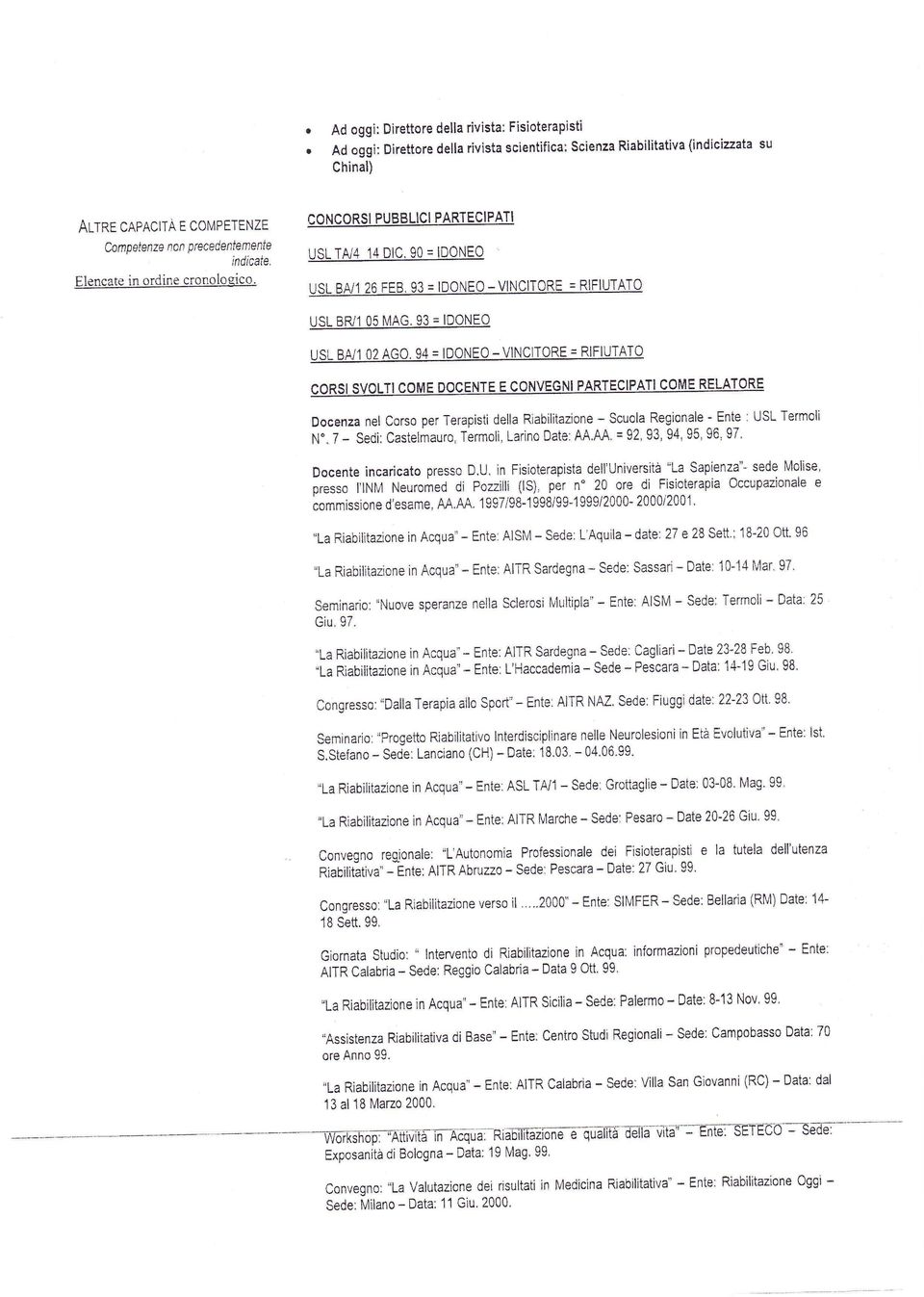 94 = ld0ne0 - VINCITORE = RlFIUIATO corst sv0ltt come pocente E CONVEG ll PARTECIPATI COME RELAToRE Docenz nel Corso per Terpisti dell Ribilitzione - Scuol Regionle - Ente ; USL Termcli N.