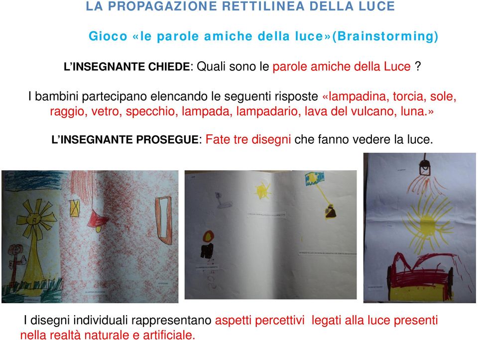 I bambini partecipano elencando le seguenti risposte «lampadina, torcia, sole, raggio, vetro, specchio, lampada,