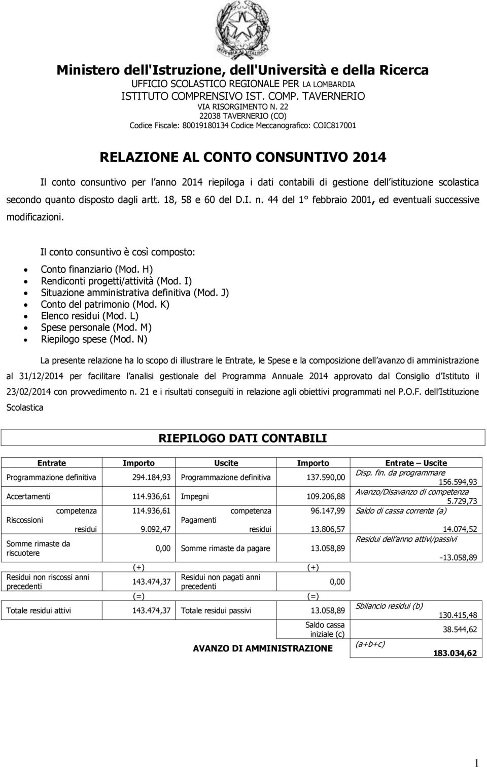 dell istituzione scolastica secondo quanto disposto dagli artt. 18, 58 e 60 del D.I. n. 44 del 1 febbraio 2001, ed eventuali successive modificazioni.