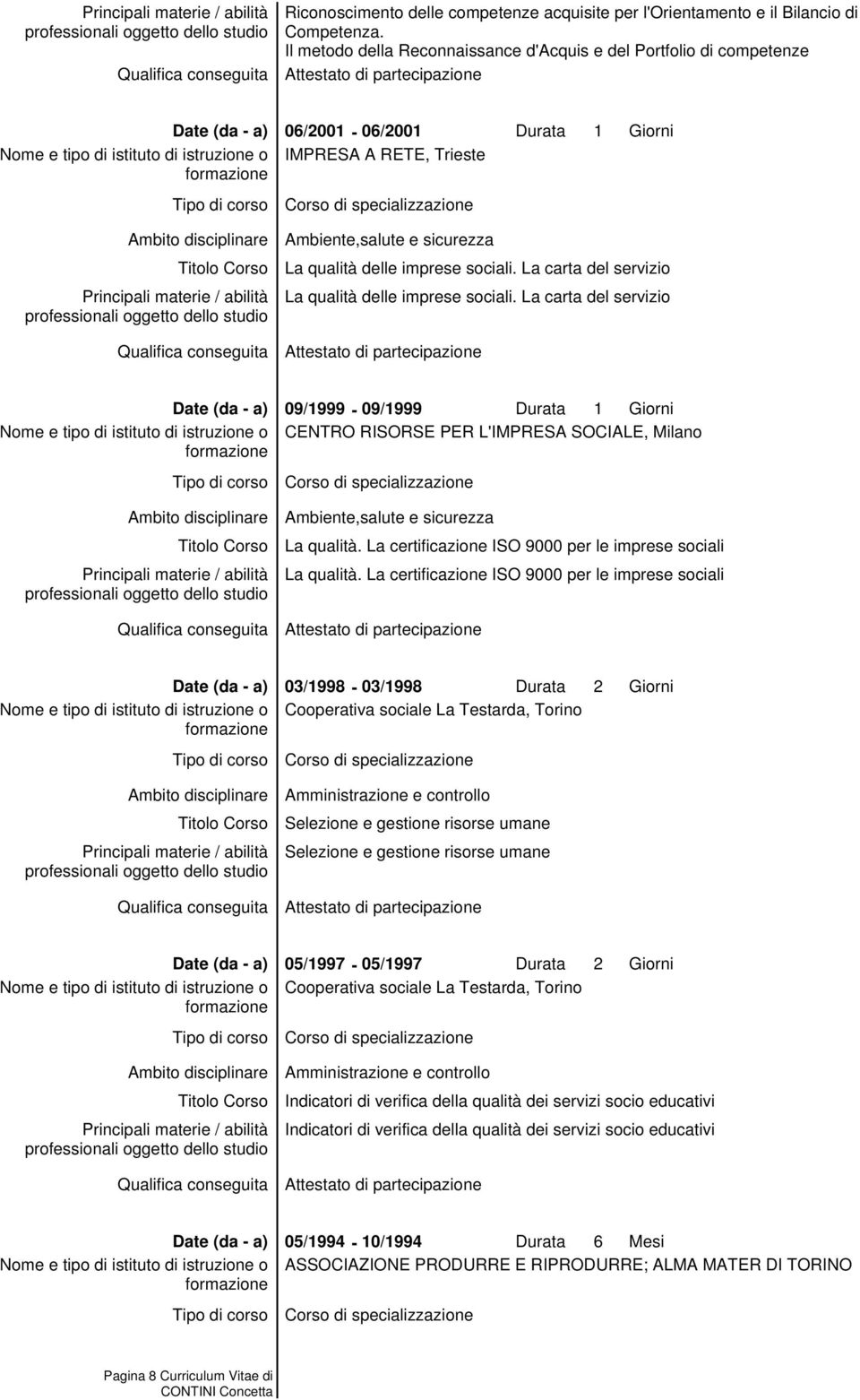 La carta del servizio La qualità delle imprese sociali. La carta del servizio 09/1999-09/1999 Durata 1 Giorni CENTRO RISORSE PER L'IMPRESA SOCIALE, Milano Ambiente,salute e sicurezza La qualità.