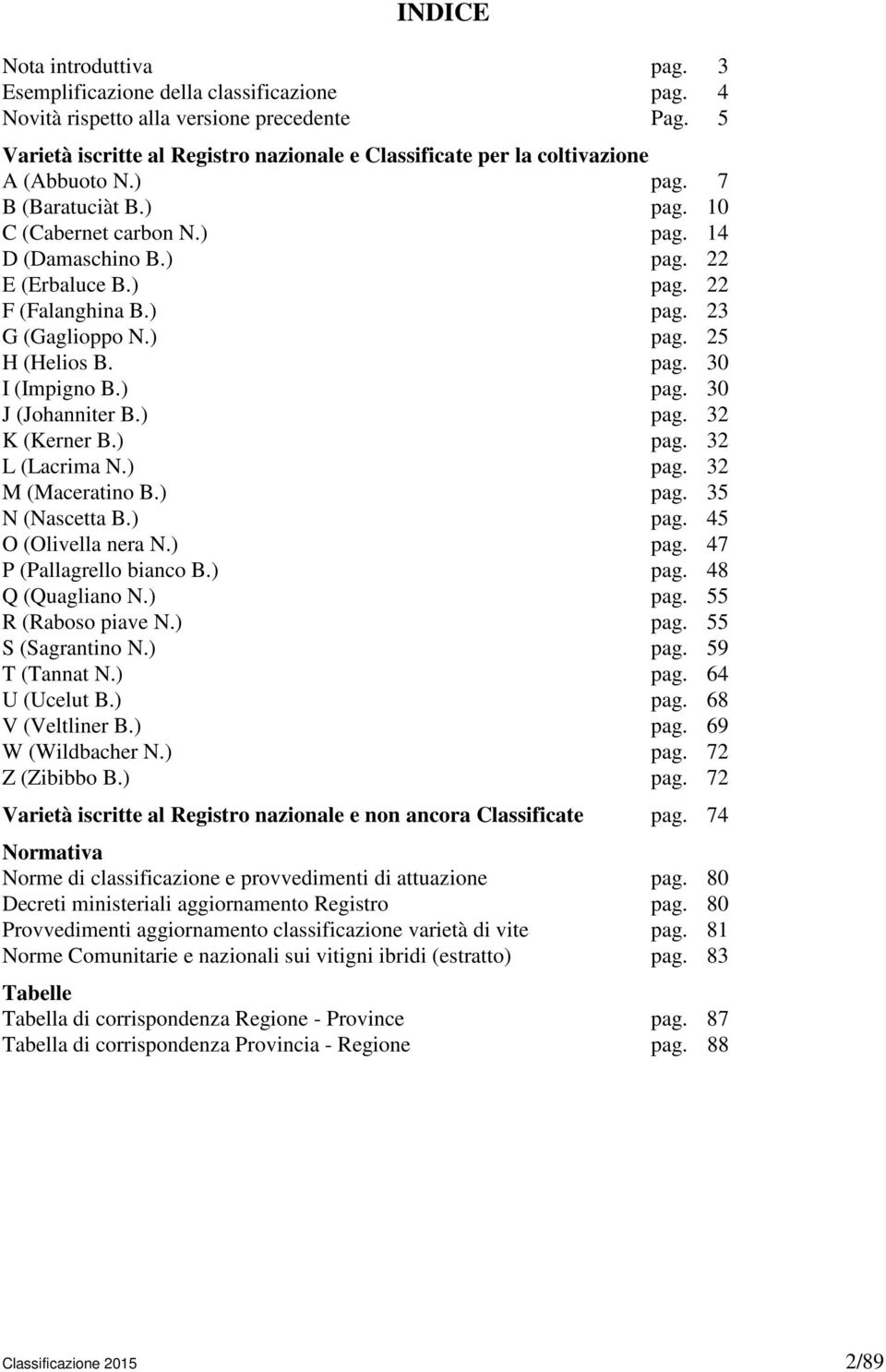 ) pag. 22 F (Falanghina B.) pag. 23 G (Gaglioppo N.) pag. 25 H (Helios B. pag. 30 I (Impigno B.) pag. 30 J (Johanniter B.) pag. 32 K (Kerner B.) pag. 32 L (Lacrima N.) pag. 32 M (Maceratino B.) pag. 35 N (Nascetta B.