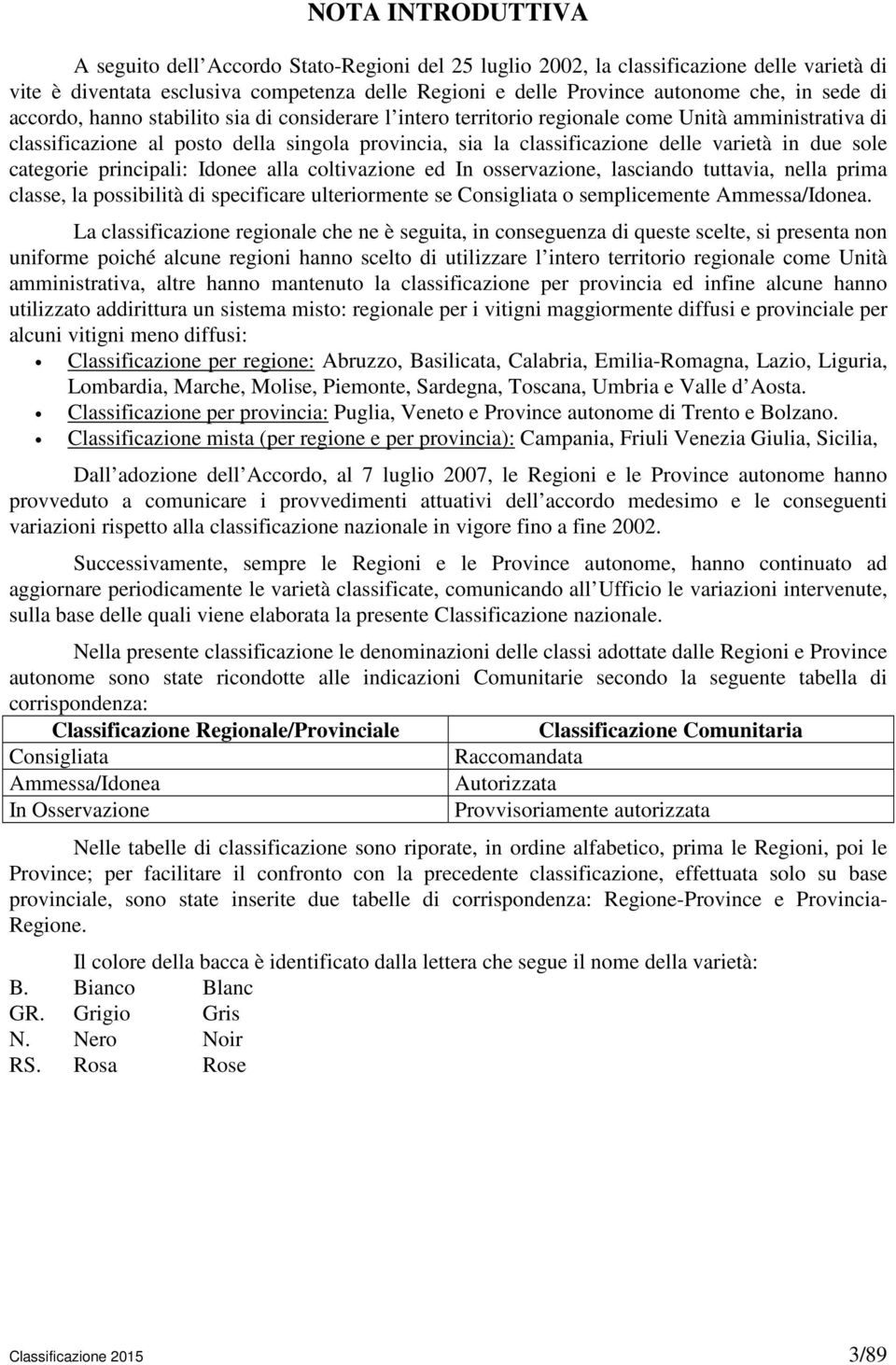 in due sole categorie principali: Idonee alla coltivazione ed In osservazione, lasciando tuttavia, nella prima classe, la possibilità di specificare ulteriormente se Consigliata o semplicemente